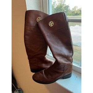 Tory Burch Signature Logo Brown Leather Zip-Up Riding Boots Women’s Size 10.5